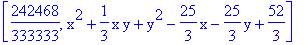 [242468/333333, x^2+1/3*x*y+y^2-25/3*x-25/3*y+52/3]
